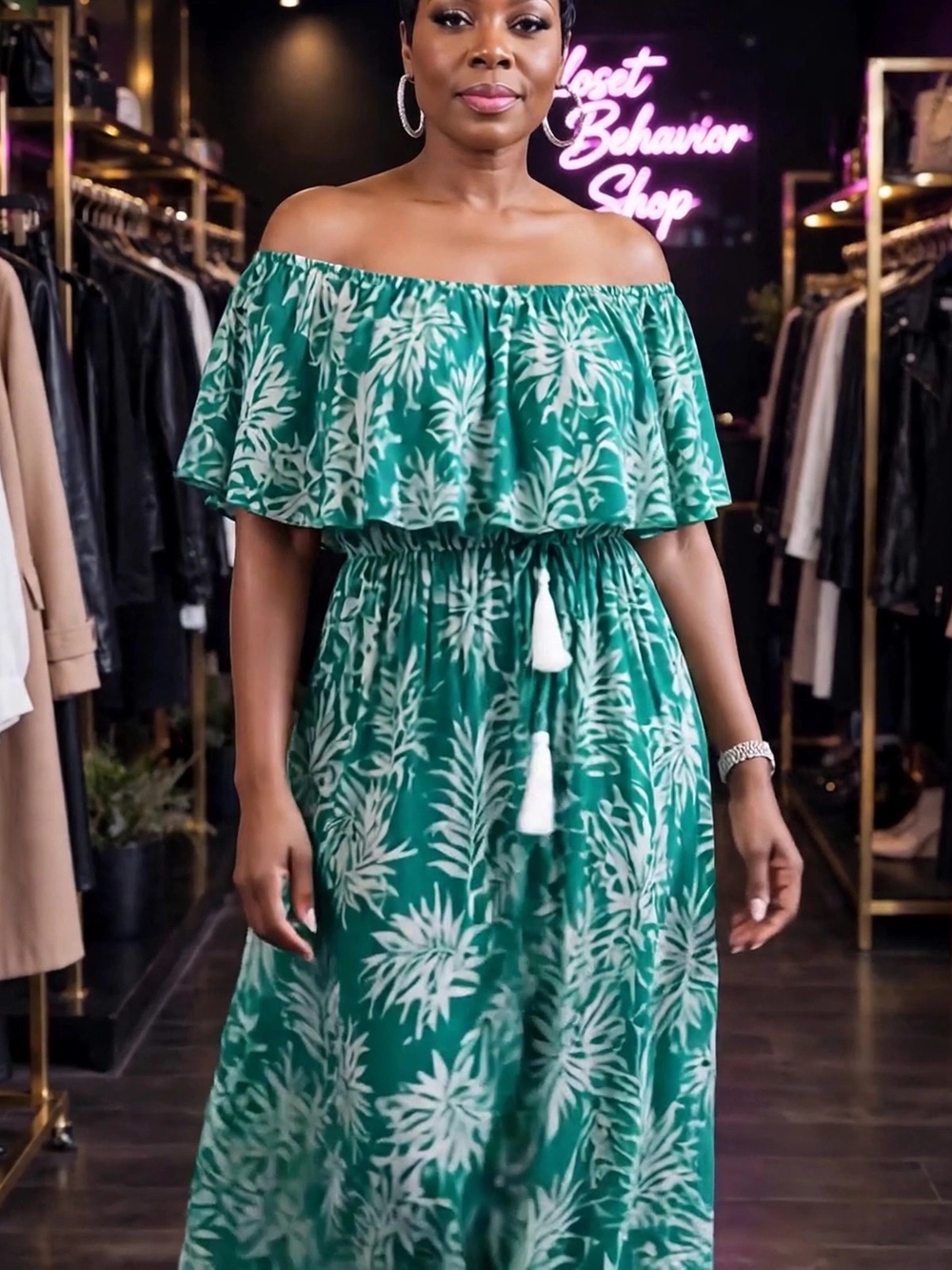 Off-Shoulder Green Tropical Print Maxi Dress with Tassel Waist